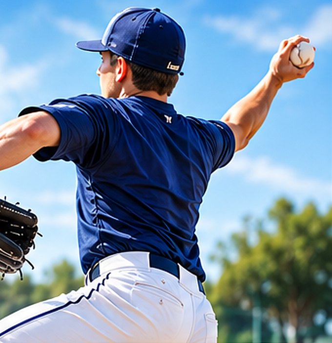 A pitcher in a navy cap and jersey mid-delivery, throwing arm drawn back