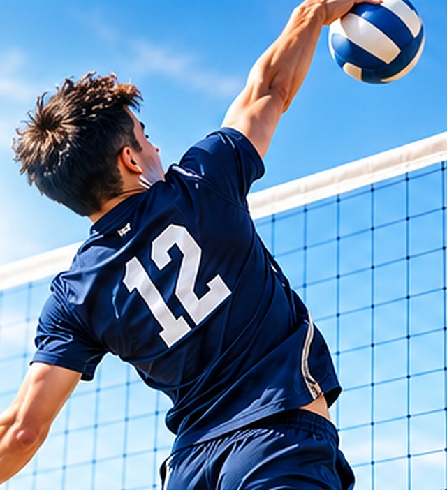 A volleyball player in a navy number 12 jersey rising to spike the ball at the net
