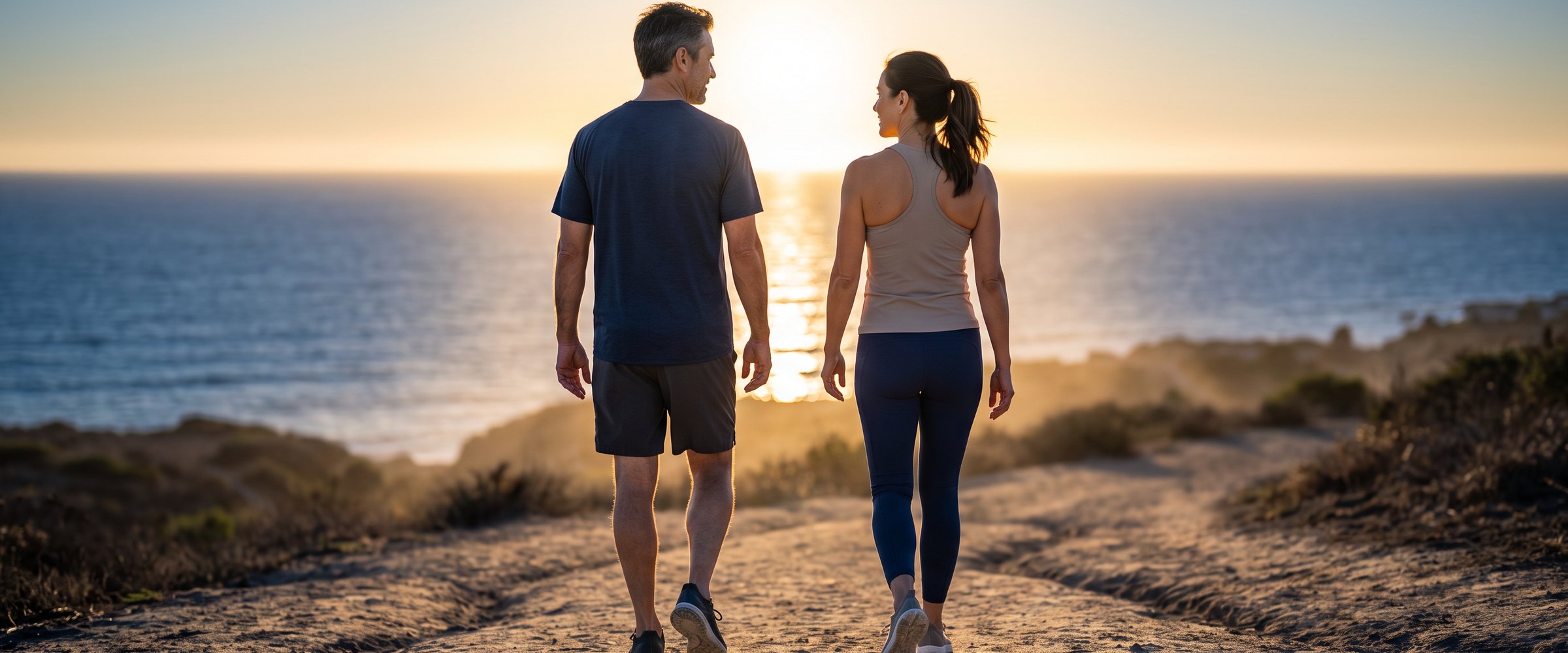 A couple walking together along a coastal path at sunset