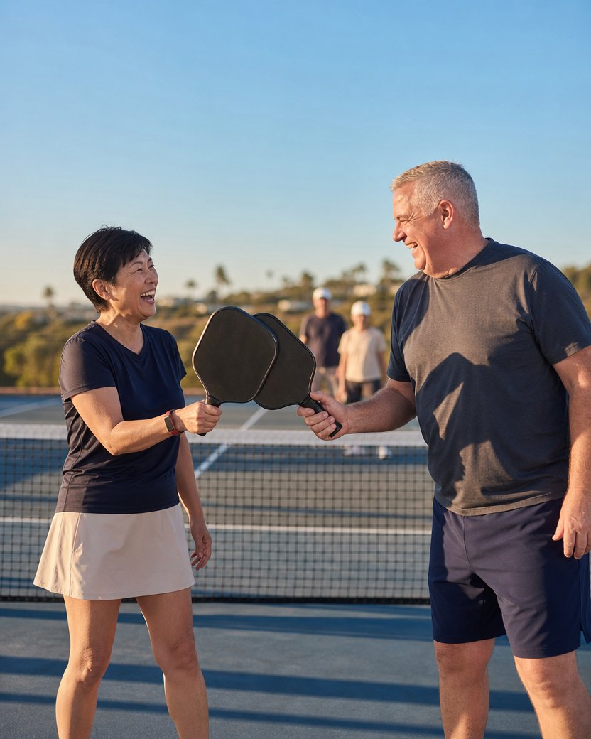 Two players in their sixties laughing and touching paddles across the net on an outdoor pickleball court