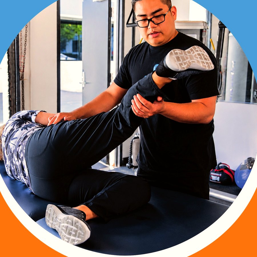 An IMTI coach guiding a client through a side-lying hip movement on the mat