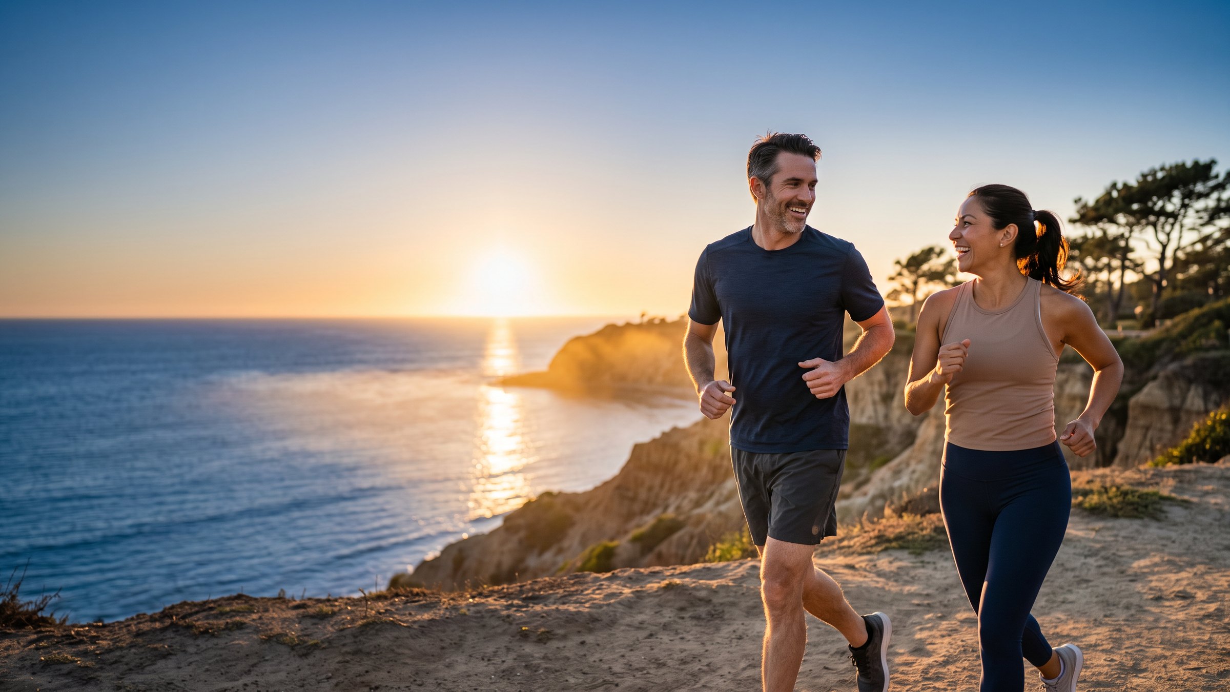 A man and a woman in their late forties running together on a coastal bluff trail above the Pacific at golden hour